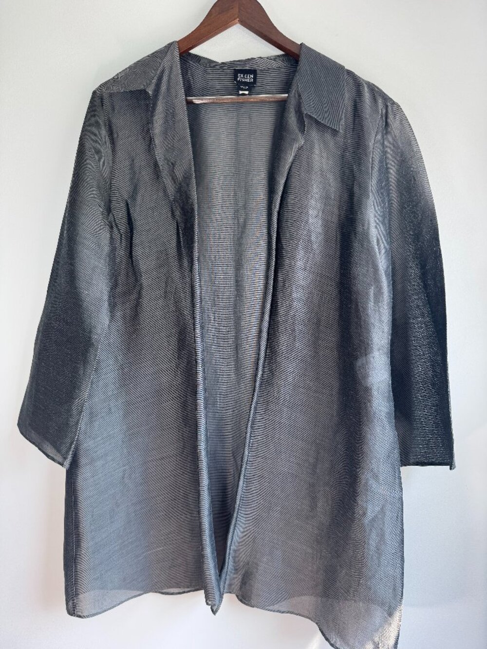 Eileen Fisher Open Front Sheer Tafetta Silk Linen Blend Cartigan Lagenlook - L